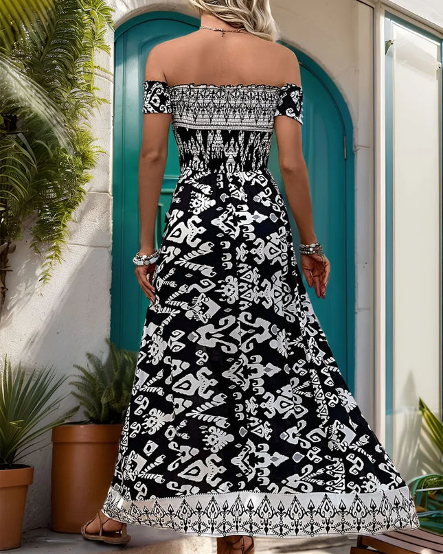 Perfee Slit Printed Off-Shoulder Dress 