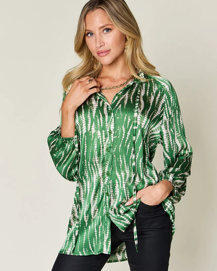 Double Take Full Size Printed Button Up Long Sleeve Shirt Dark Green