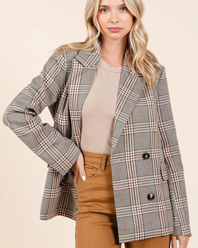 Mittoshop Plaid Double Breasted Relaxed Fit Blazer BROWN COMBO