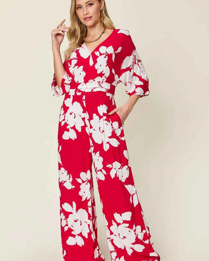 Double Take Full Size Printed Tie Back Wide Leg Jumpsuit