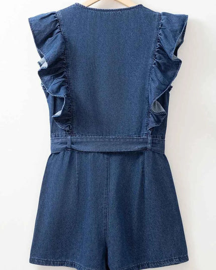Denim Ruffled Zipped Front Belted Romper