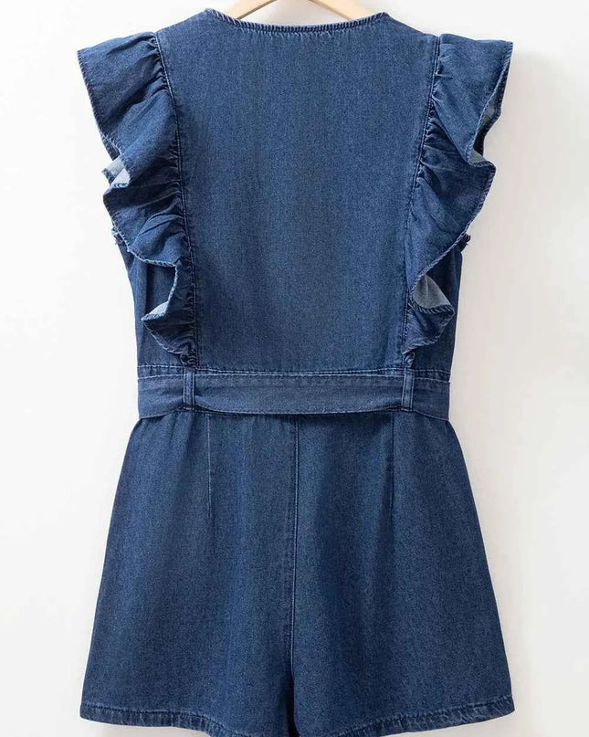 Denim Ruffled Zipped Front Belted Romper