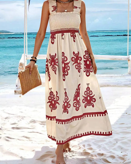 Smocked Printed Wide Strap Maxi Dress 
