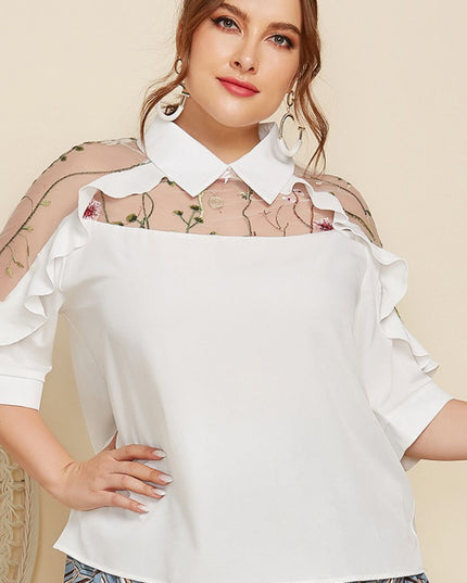 Plus Size Embroidered Ruffle Trim Collared Half Sleeve Blouse