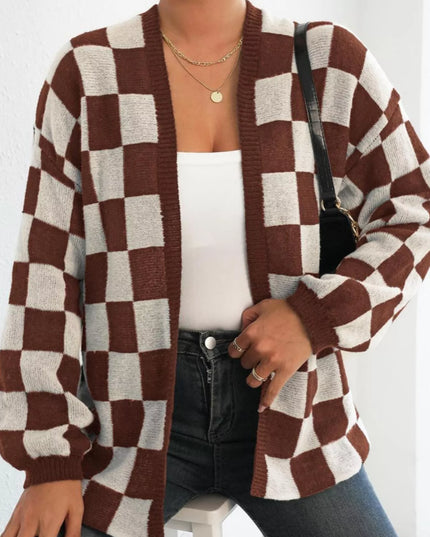 Checkerboard Pattern Open Front Knit Cardigan