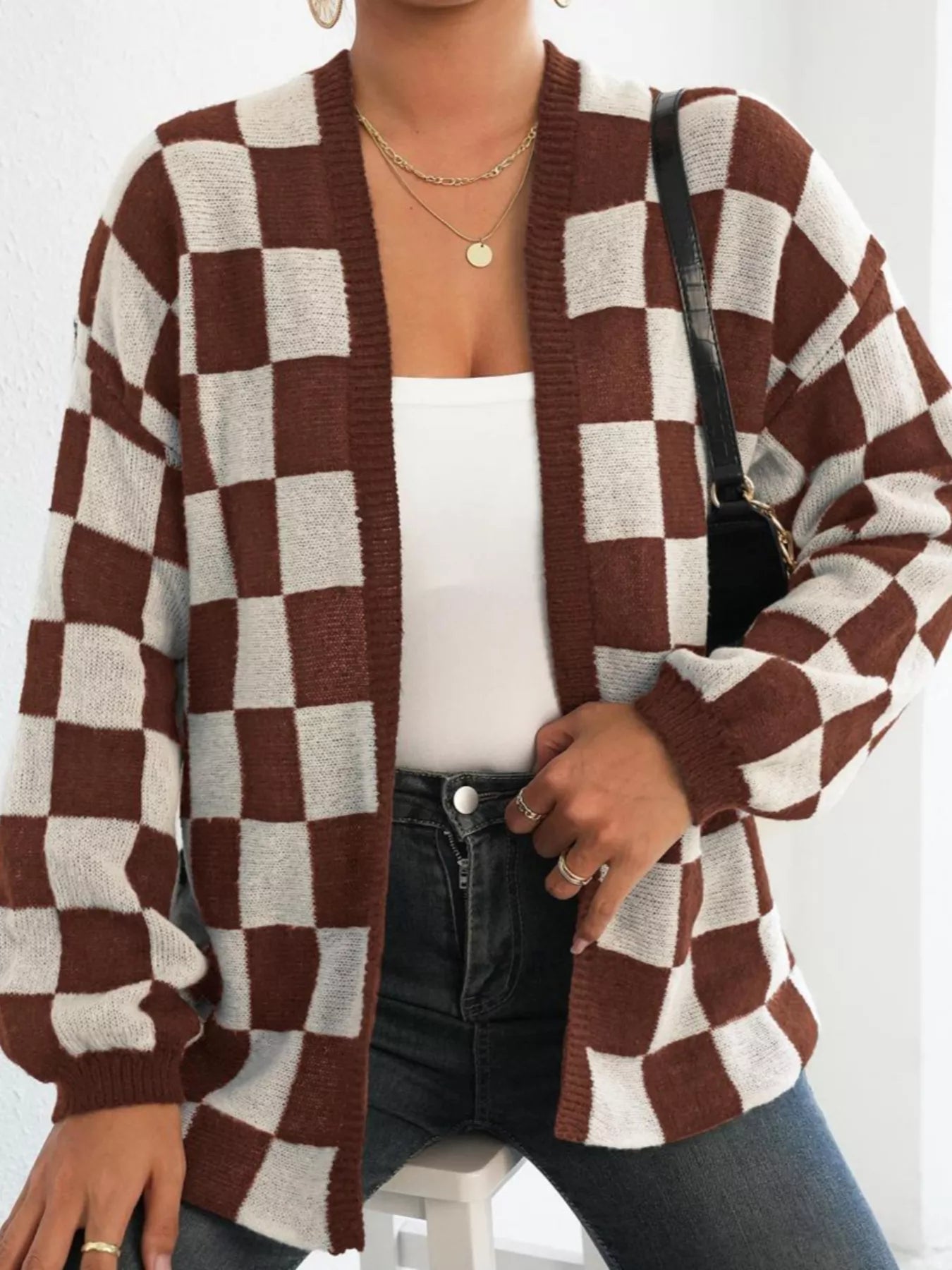 Checkerboard Pattern Open Front Knit Cardigan