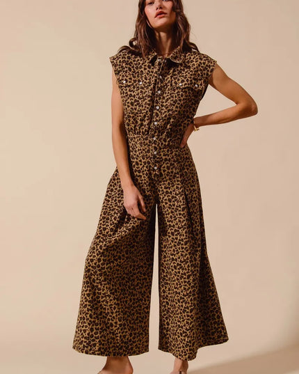 SO ME Wide Leg Leopard Twill Overalls Jumpsuit with Tuck