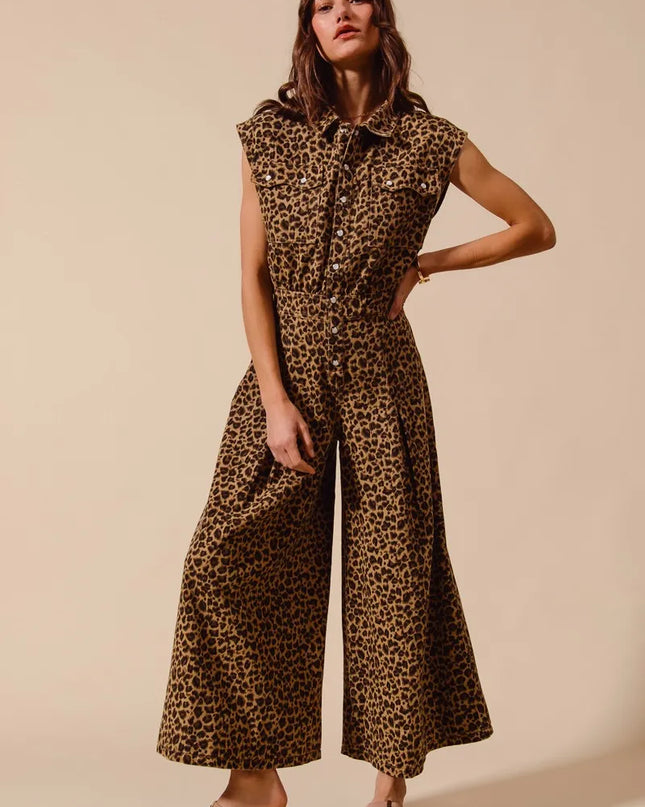 SO ME Wide Leg Leopard Twill Overalls Jumpsuit with Tuck