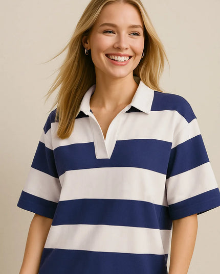 Oh Pima Cotton Wash Color Block Johnny Collar Half Sleeve Top Dusty Blue