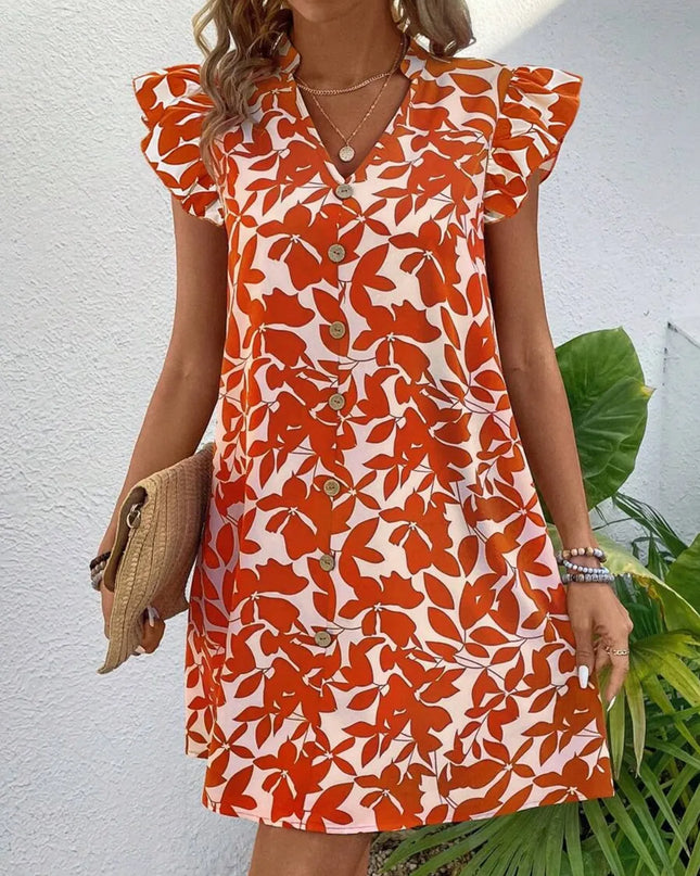 Printed Notched Cap Sleeve Mini Dress Orange-Red