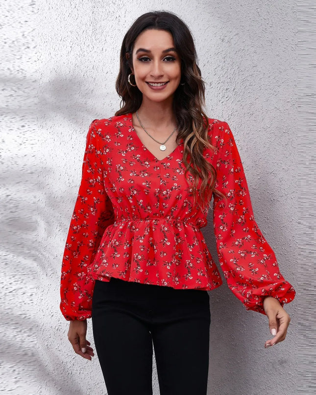 Floral V-Neck Balloon Sleeve Peplum Blouse