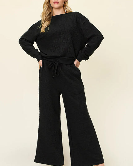 Double Take Full Size Texture Long Sleeve Top and Pants Set Black