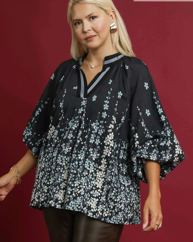 Umgee Full Size Floral Vine Print Blouse with Balloon Sleeves Plus Size