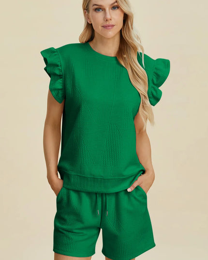 Double Take Full Size Texture Round Neck Ruffle Sleeve Top and Shorts Set Dark Green