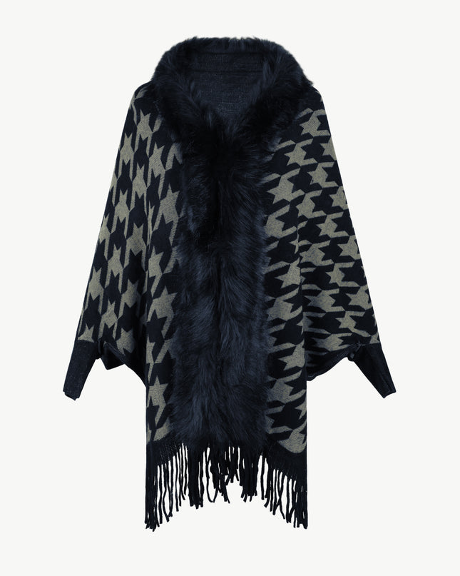 Houndstooth Fringe Hem Poncho Black One Size