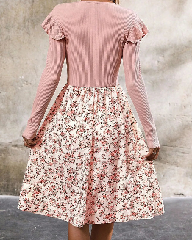 Ruffled Floral Long Sleeve Knee Length Dress