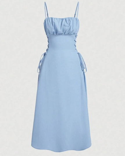 Ruched Midi Cami Dress with Side Tie Details Light Blue