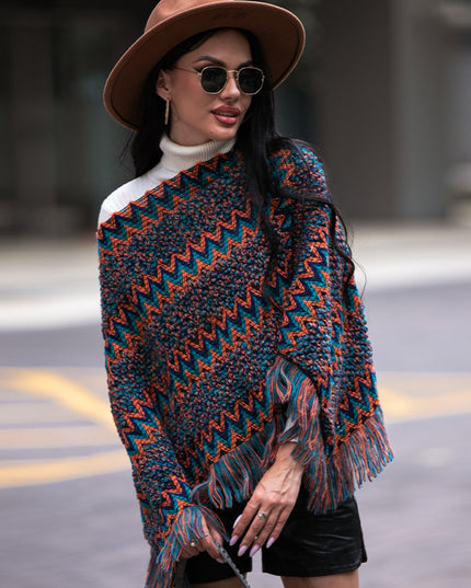 Shiny Fringe Hem Boat Neck Poncho