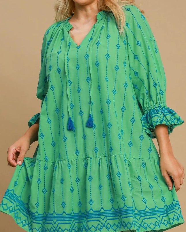 Umgee Full Size Tassel Embroidered Flounce Sleeve Mini Dress Plus Size