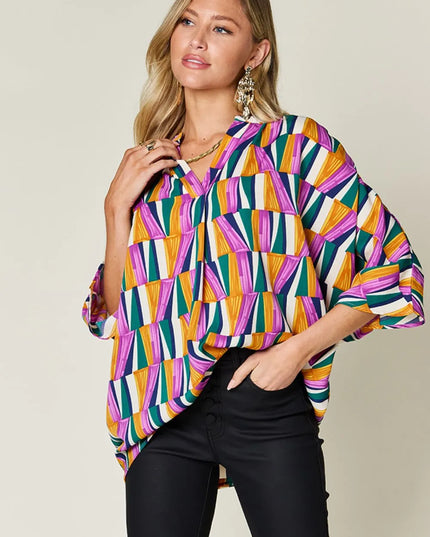 Double Take Full Size Geometric Notched Dolman Sleeve Top Purple