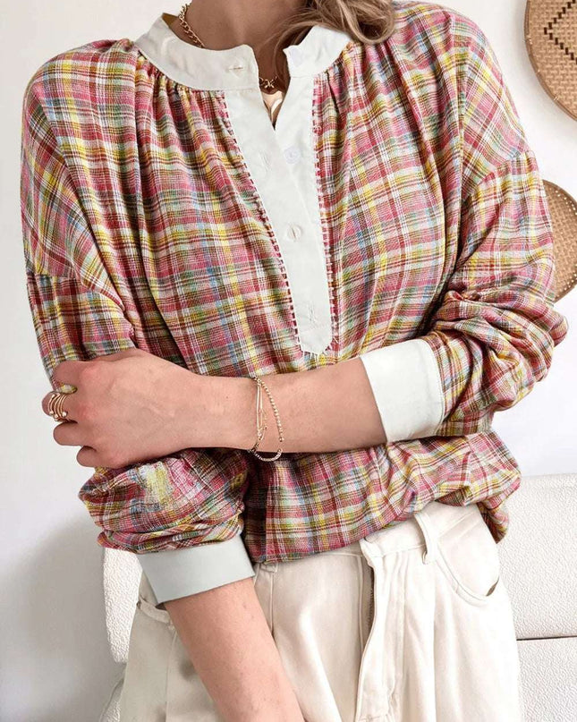 Mulit-Color Plaid Round Neck Long Sleeve Blouse
