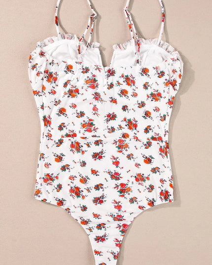 Floral Frilled Trim Spaghetti Straps Bodysuit
