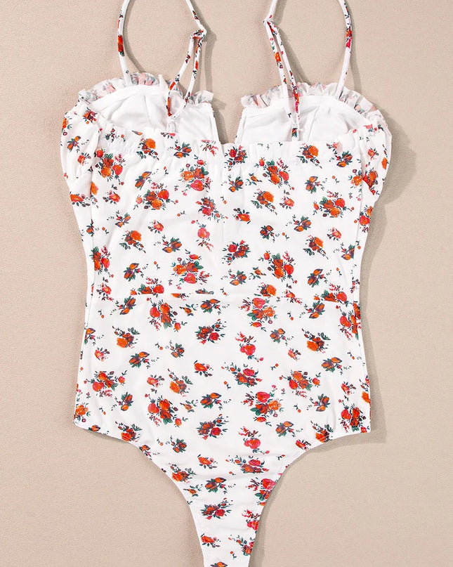 Floral Frilled Trim Spaghetti Straps Bodysuit