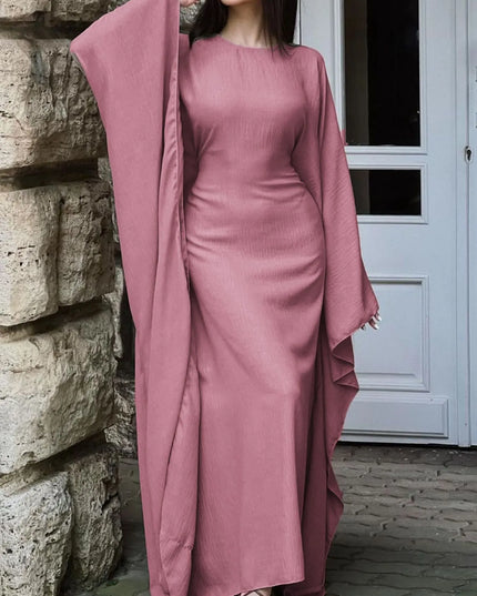 Round Neck Maxi Dress with Flowing Cape Sleeves Pink