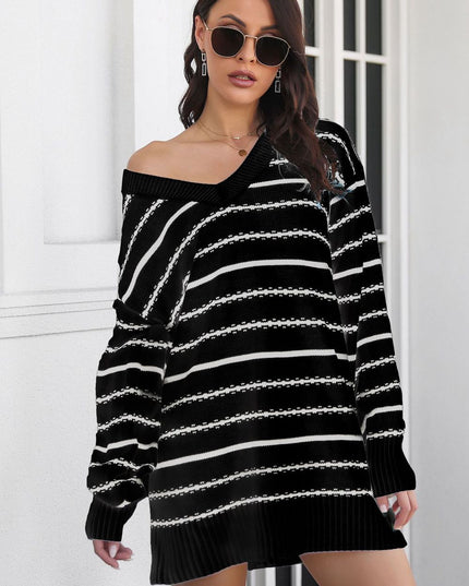 Striped V-Neck Sweater Dress Black