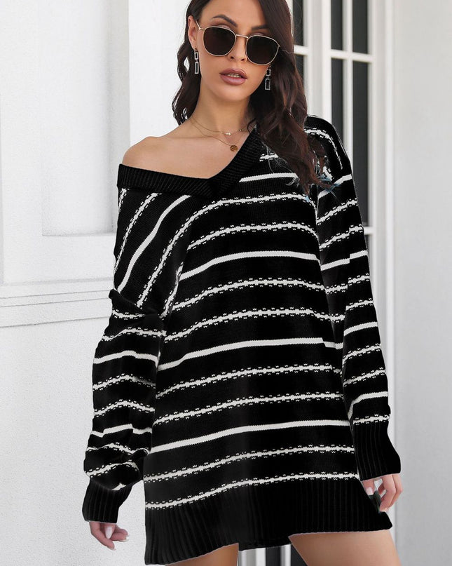 Striped V-Neck Sweater Dress Black