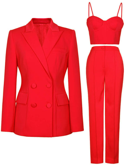 SET062(3) Chic Blazer Set: Elegant Top & Tailored Pants Red
