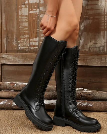 Lace Up Block Heels Boots Black