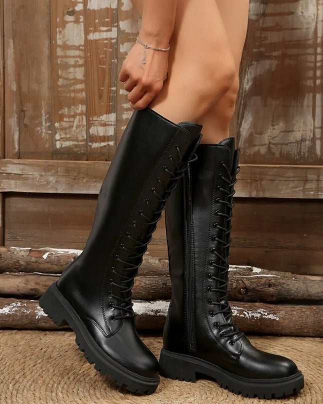 Lace Up Block Heels Boots Black