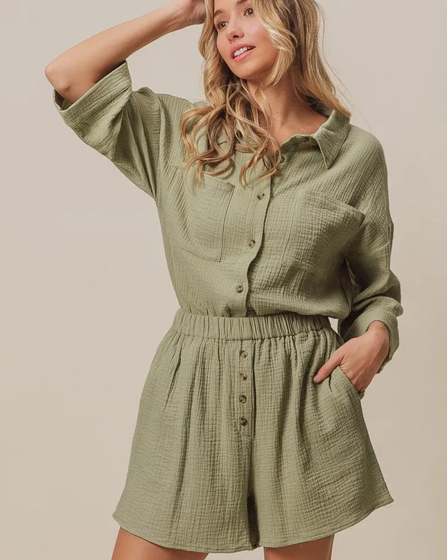 BiBi Crinkle Gauze Shirt and Short Set SAGE