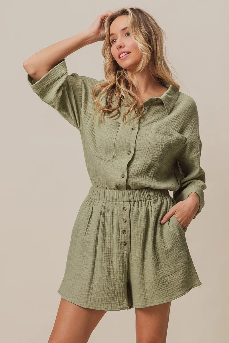 BiBi Crinkle Gauze Shirt and Short Set SAGE