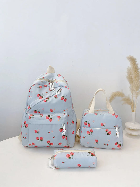 3-Piece Strawberry Print Canvas Bag Set Blue onesize