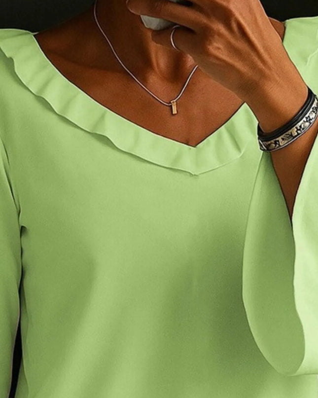 Full Size Ruffled V-Neck Bell Sleeve Top Plus Size