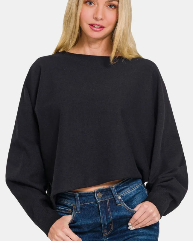 Zenana Asymmetric Hem Long Sleeve Sweater Black