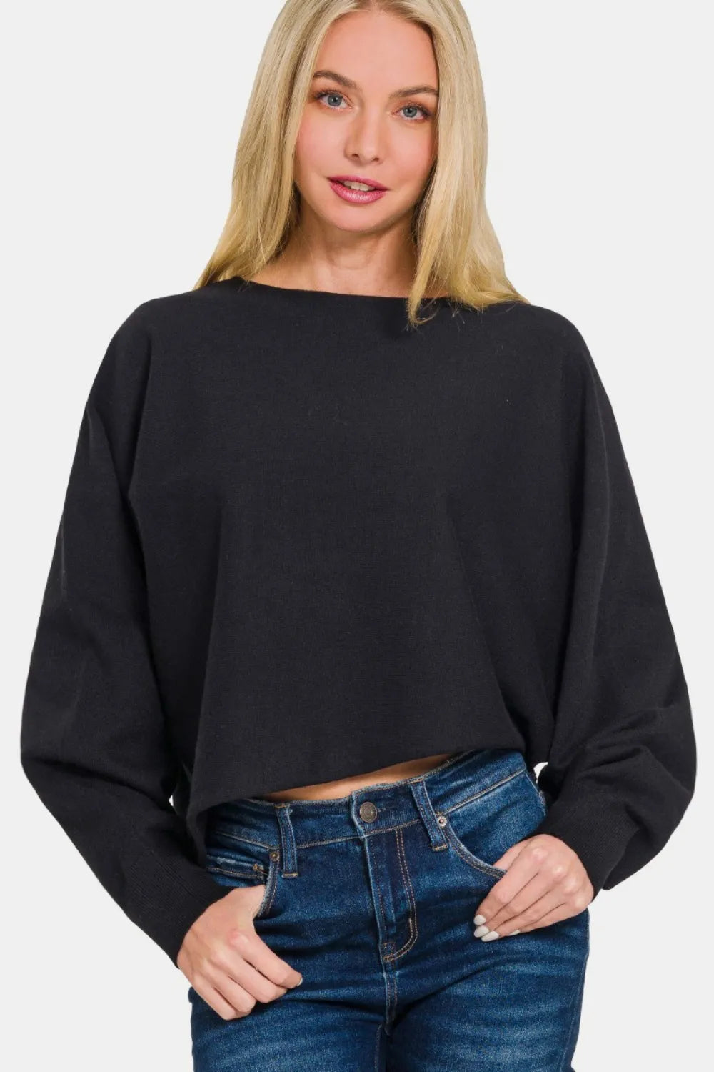 Zenana Asymmetric Hem Long Sleeve Sweater Black