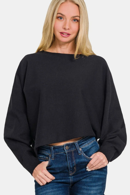 Zenana Asymmetric Hem Long Sleeve Sweater Black