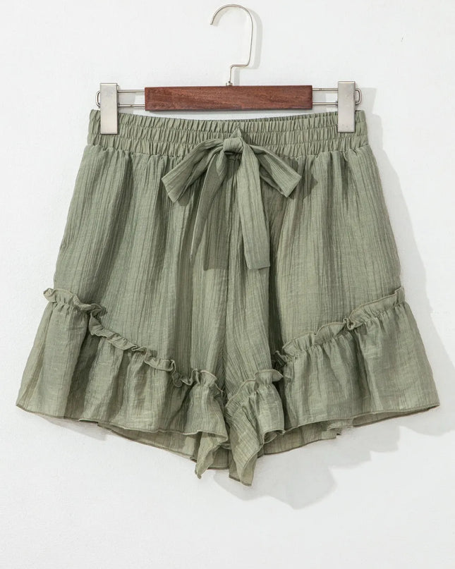 Textured Tie Waist Ruffle Hem Shorts