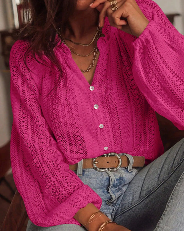 Crochet Notched Button-Front Shirt Rose Red