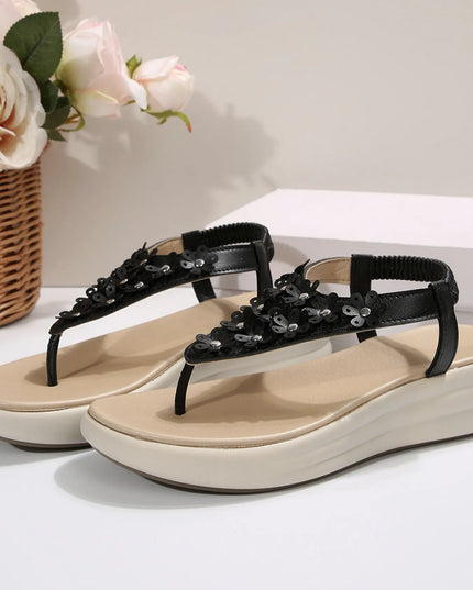 Studded T-Strap Wedge Sandals 
