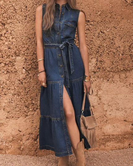 Button Front Sleeveless Denim Dress Dark Blue