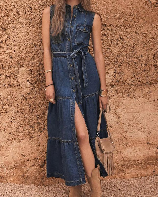 Button Front Sleeveless Denim Dress Dark Blue