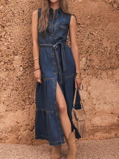 Button Front Sleeveless Denim Dress Dark Blue