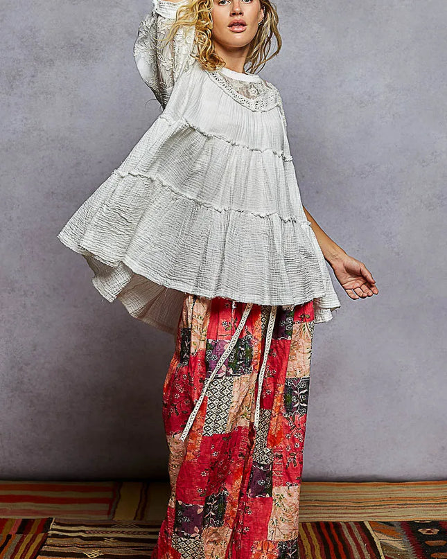 POL Lace Detail Tiered Round Neck Half Sleeve Blouse