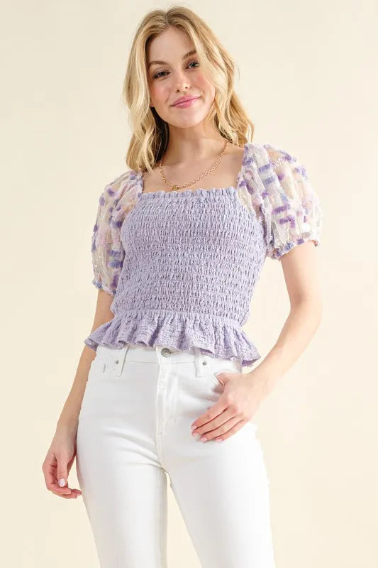 And The Why Embellishment Sleeve Smocked Top LAVENDER