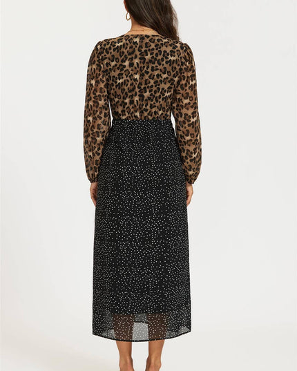 Black Dot & Brown Leopard Print Long Sleeve Maxi Dress