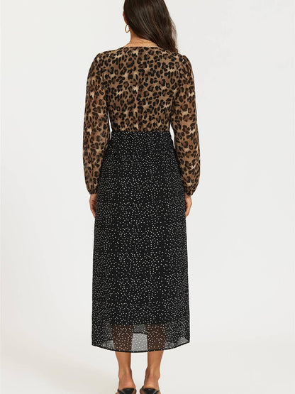 Black Dot & Brown Leopard Print Long Sleeve Maxi Dress